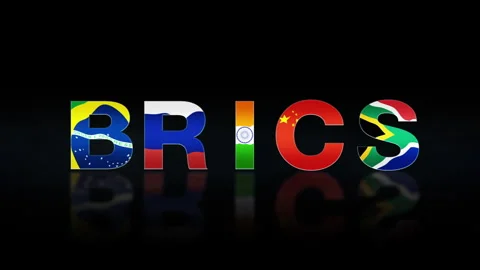 BRICS Text with letters showing respective Countries Flag colours CGI Animation Stock Footage 334166935