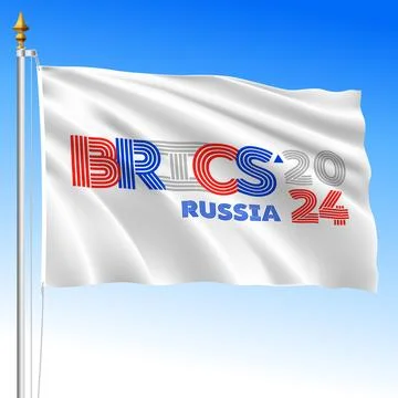 BRICS waving flag with symbol of the Summit 2024, illustration Stock Illustration