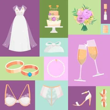 Bridal accessories pattern vector illustration. Items for wedding ceremony Stock Illustration