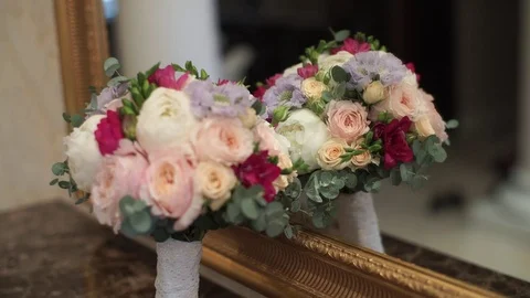 Bridal bouquet near mirror Stock Footage