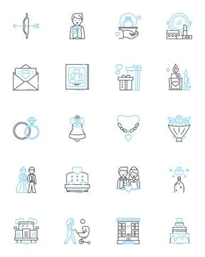 Bridal event linear icons set. Wedding, Bride, Groom, Dress, Venue, Ring Stock Illustration