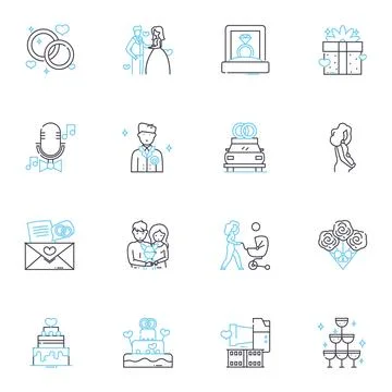 Bridal event linear icons set. Wedding, Bride, Groom, Dress, Venue, Ring Stock Illustration