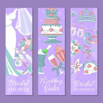 Bridal shower set of banners vector illustration. Save the date. Wedding cake Ilustración de archivo
