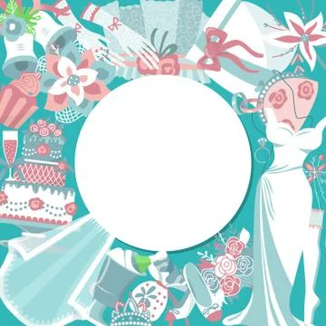 Bride accessories round pattern vector illustration. Items for wedding ceremony Illustrazione stock