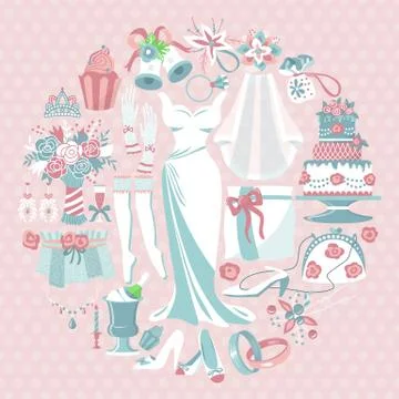 Bride accessories round pattern vector illustration. Items for wedding ceremony 스톡 일러스트