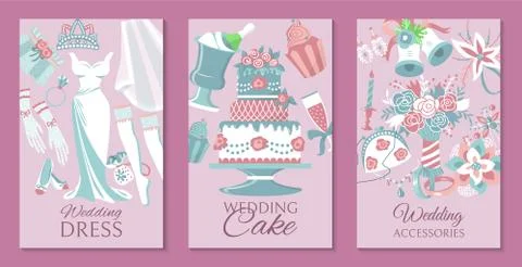 Bride accessories set of cards, posters vector illustration. Wedding dress, cake Ilustração Stock