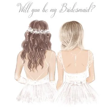 Bride and bridesmaid side by side in white, wedding invitation. Hand drawn Stock Illustration