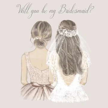 Bride and bridesmaid side by side, wedding invitation. Hand drawn illustration Stock Illustration