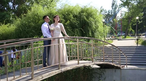 Bride and groom on the bridge Stock Footage 67980832