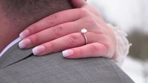Bride and Groom Close Up on Hand with Wedding Rings in Winter Video stock 148695575