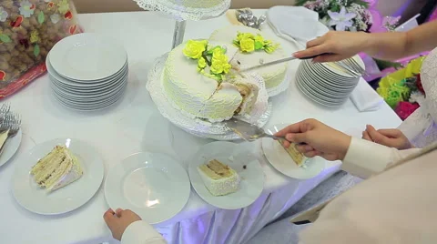 The bride and groom cut the cake Stock Footage 46552679