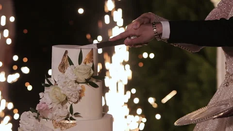 The bride and groom cut the wedding cake. Wedding cake with sparklers. Detail of Stock Footage 196003283