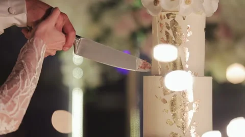 The bride and groom cut the wedding cake. Wedding cake with sparklers. Detail of Video stock 196004573