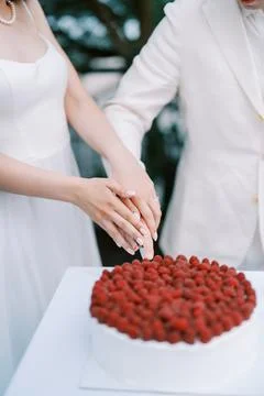 Bride and groom cutting raspberry wedding cake Stock Photos
