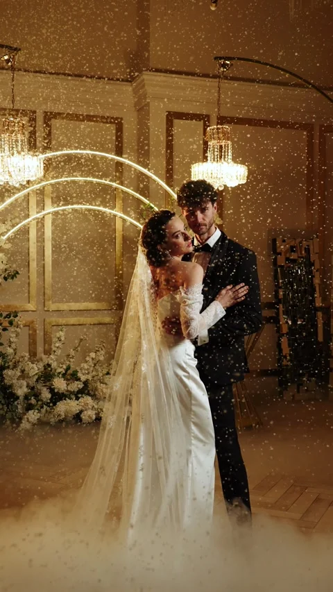 The bride and groom dance the first dance in the falling snow. Stock Footage 266979523