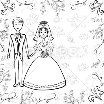 Bride and groom on floral background, contour Stock Illustration