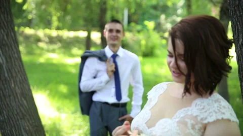 The bride and groom in the forest. Stock Footage 67980675