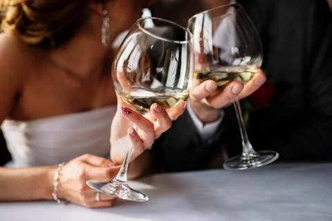 Bride and groom with glasses of wine in hands Stock Photos
