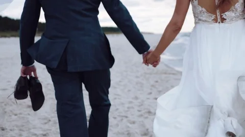 The bride and groom go in wedding dresses on a beautiful beach with their dogs Stock Footage