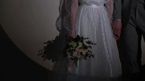 The bride and groom hold hands against a dark background, a spotlight shines on Stock Footage 221267975