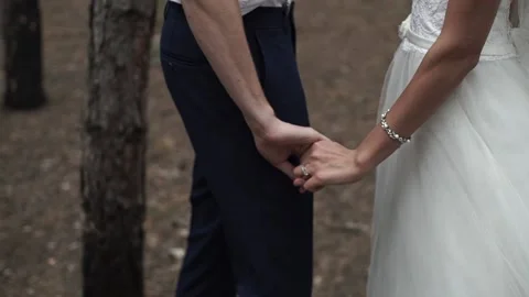 Bride and groom lovingly take each other in the hands of a pine forest. Stock Footage 200524701