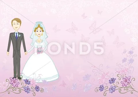 Bride and groom on pink floral background Stock Illustration