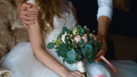 Bride and groom pose on the wedding photosession Stock Footage 74076040