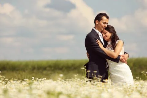 Bride and Groom posing in the fields Stock Photos