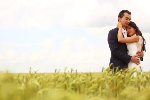 Bride and Groom posing in the fields Stock Photos