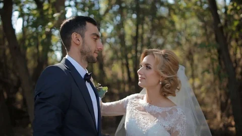 Bride and groom posing outdoor Stock Footage 73516686