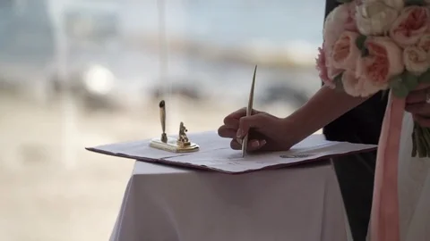 Bride and groom signing documents Stock Footage 80874829