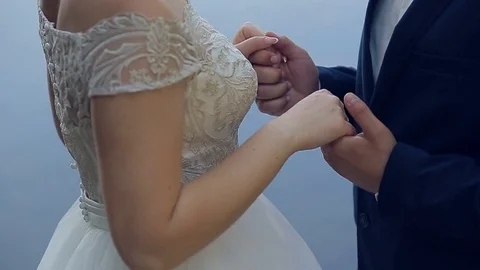 The bride and groom stand on the background of the water and gently hold hands Stock Footage 81777086