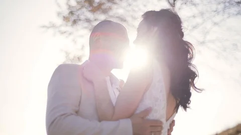 Bride and groom stand in front each other in the autumn mountains. . a lonely Stock Footage 121322740