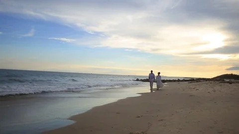 The bride and groom surrounded by palm trees looking into the distance Stock Footage 76180442