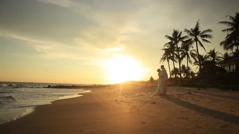 The bride and groom surrounded by palm trees looking into the distance Stock Footage 76180682