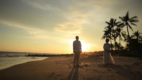 The bride and groom surrounded by palm trees looking into the distance Stock Footage 76180705