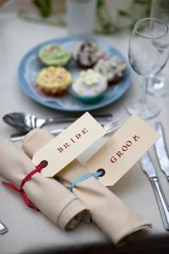 Bride and groom table setting Stock Photos