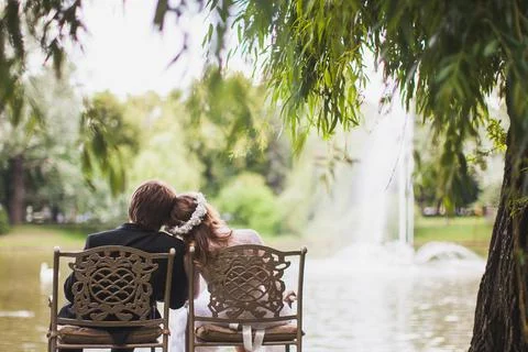 Bride and groom on their wedding day Foto stock