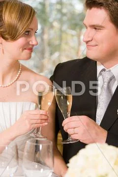 Bride and groom toasting Stock Photos