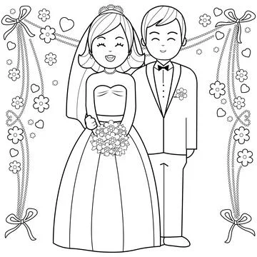 Bride and groom. Vector black and white coloring page. Ilustração Stock