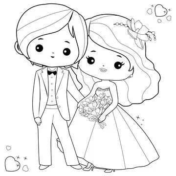 Bride and groom. Vector black and white coloring page Stock Illustration