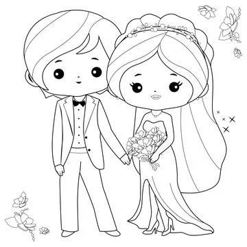 Bride and groom. Vector black and white coloring page Stock Illustration
