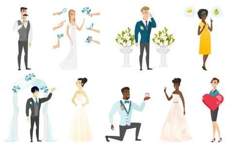 Bride and groom vector illustrations set. Stock Illustration