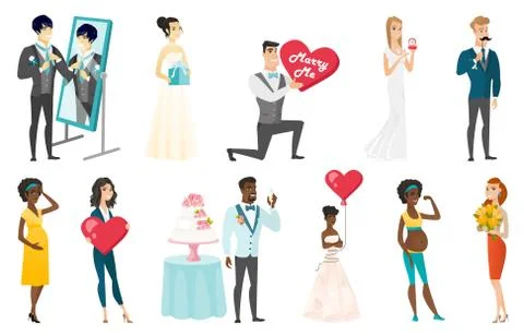 Bride and groom vector illustrations set. Stock Illustration
