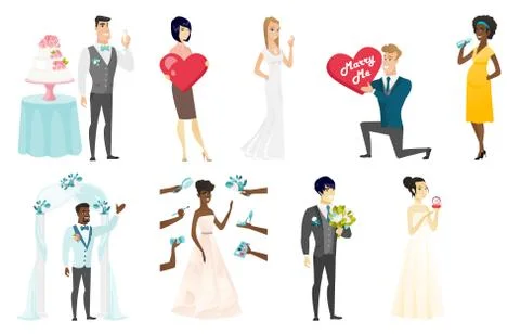 Bride and groom vector illustrations set. Stock Illustration
