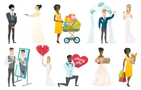 Bride and groom vector illustrations set. Stock Illustration