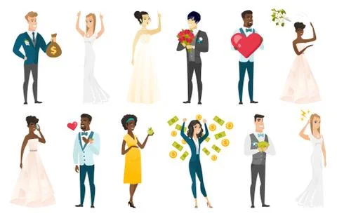 Bride and groom vector illustrations set. Stock Illustration