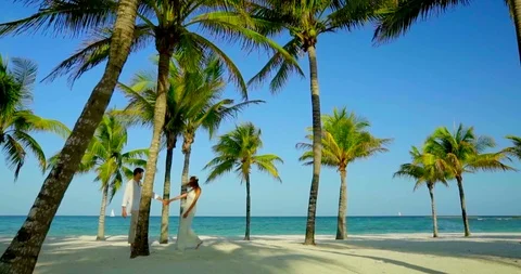 Bride and Groom Walk Through Palm Trees on Tropical Beach Stock Footage