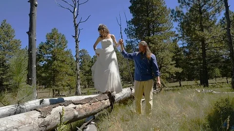 A bride and groom walking in the forest on their wedding day Stock Footage 83852647