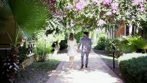 Bride and groom walking in the green 스톡 동영상 141908510